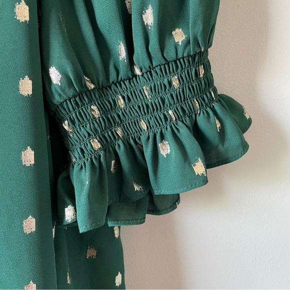 Ted Baker Jamiiee Puff Sleeve Foil Polka Dot Top Blouse Green Gold Size 5 Large - Picture 13 of 15